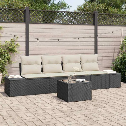 Conjunto de Sofá de Jardim   Preto e Creme Vime PE (5 pcs)
