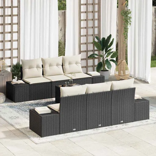 Conjunto de Sofá de Jardim   Preto e Creme Vime PE (8 pcs)