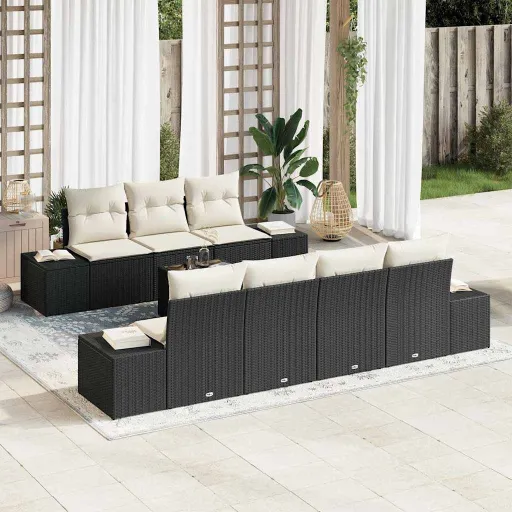 Conjunto de Sofá de Jardim   Preto e Creme Vime PE (8 pcs)