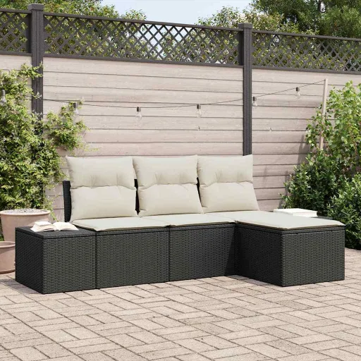 Conjunto de Sofá de Jardim   Preto e Creme Vime PE (4 pcs)