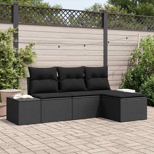 Conjunto de Sofá de Jardim com Almofada   Preto (4 pcs)