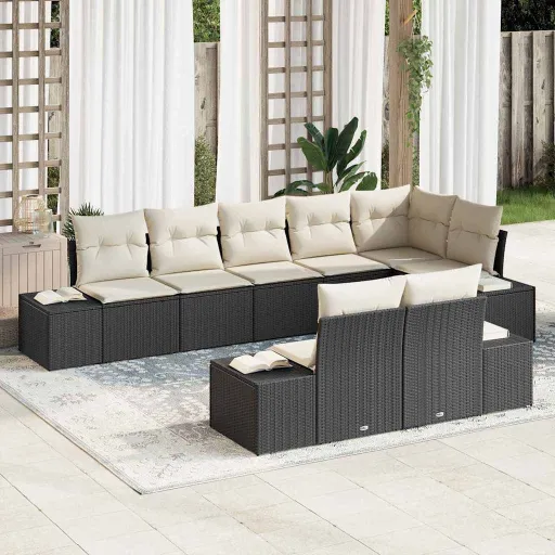 Conjunto de Sofá de Jardim   Preto e Creme Rattan Sintético (8 pcs)