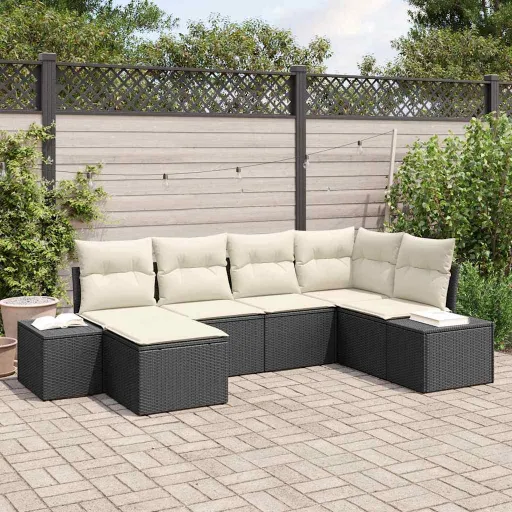 Conjunto de Sofá de Jardim   Preto e Creme Vime PE (6 pcs)