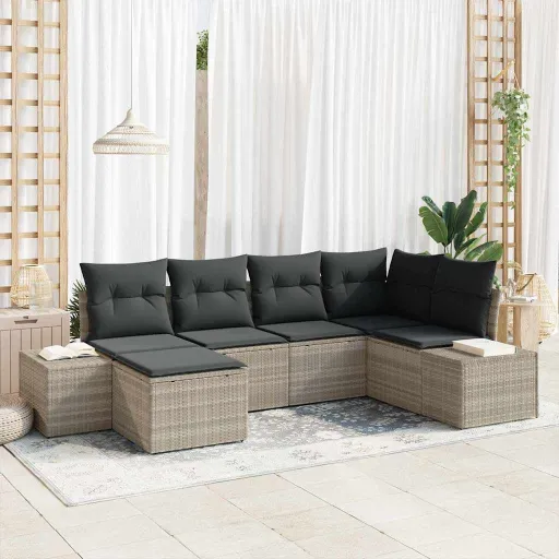 Conjunto de Sofá de Jardim   Cinzento-Claro Vime PE (6 pcs)