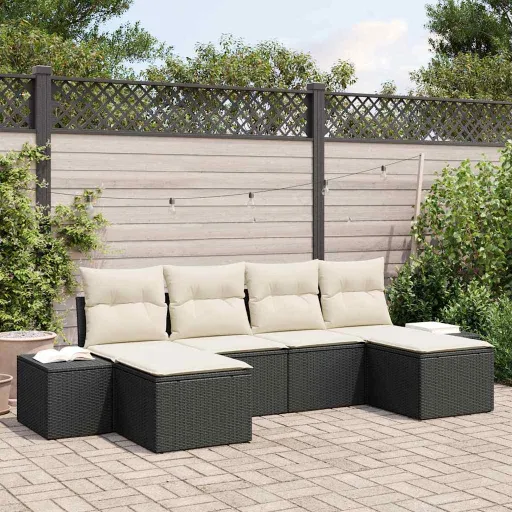 Conjunto de Sofá de Jardim   Preto e Creme Vime PE (4 pcs)
