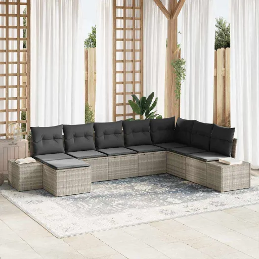 Conjunto de Sofá de Jardim   Cinzento-Claro Vime PE (8 pcs)