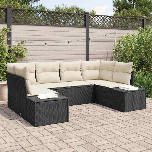 Conjunto de Sofá de Jardim   Preto e Creme Rattan Sintético (6 pcs)
