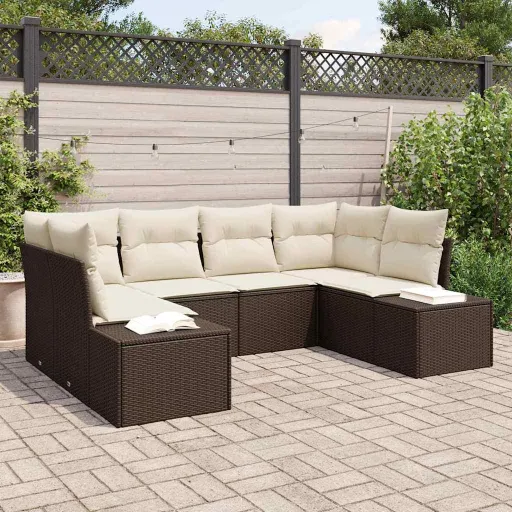 Conjunto de Sofá de Jardim   Marrom e Creme (6 pcs)