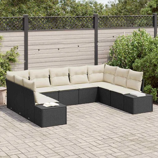 Conjunto de Sofá de Jardim   Preto e Creme Polirattan (9 pcs)