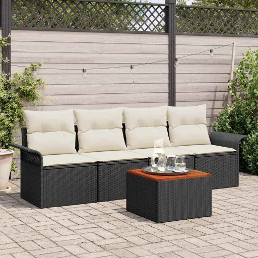 Conjunto de Sofá de Jardim   Preto e Creme Vime PE (5 pcs)