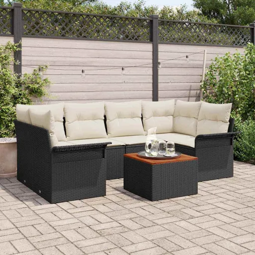 Conjunto de Sofá de Jardim   Preto e Creme Vime PE (7 pcs)