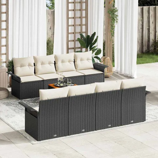 Conjunto de Sofá de Jardim   Preto e Creme Vime PE (9 pcs)