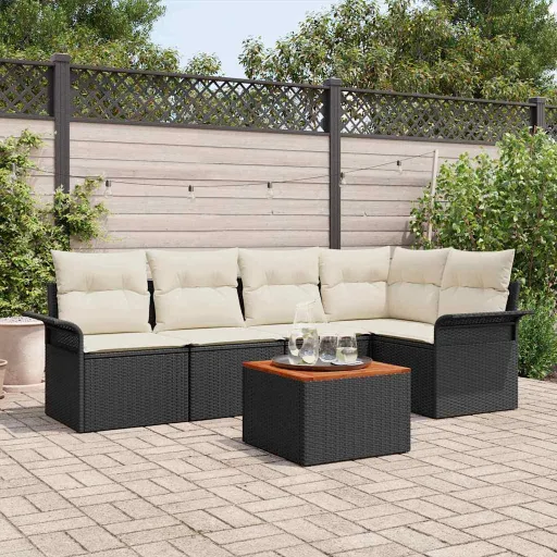 Conjunto de Sofá de Jardim   Preto e Creme Vime PE (6 pcs)