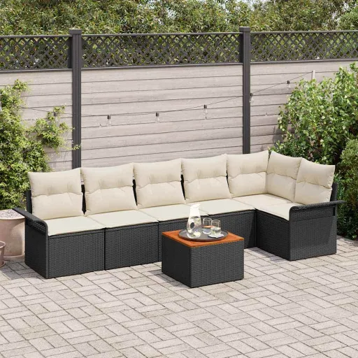 Conjunto de Sofá de Jardim   Preto e Creme Vime PE (7 pcs)