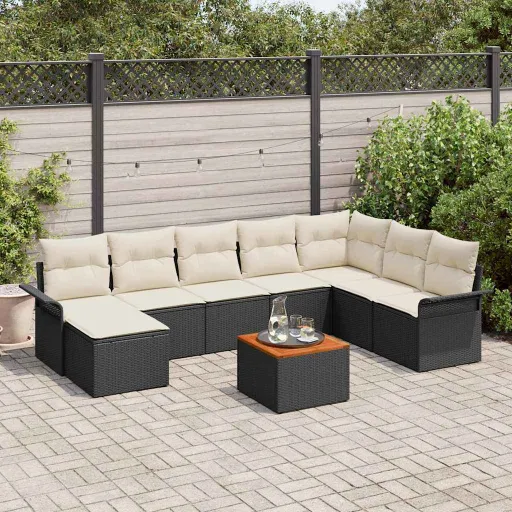 Conjunto de Sofá de Jardim   Preto e Creme Vime PE (9 pcs)