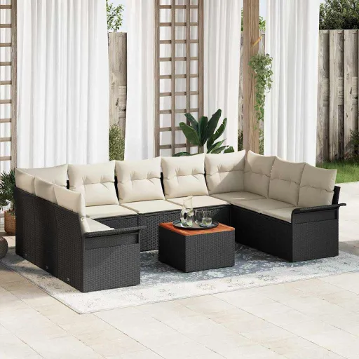 Conjunto de Sofá de Jardim   Preto e Creme Vime PE (10 pcs)