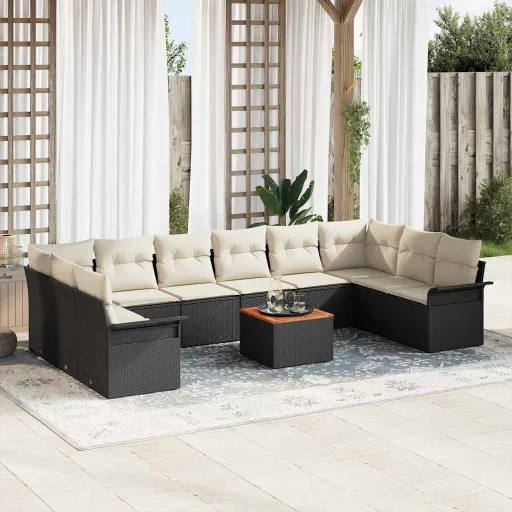 Conjunto de Sofá de Jardim   Preto e Creme Vime PE (11 pcs)
