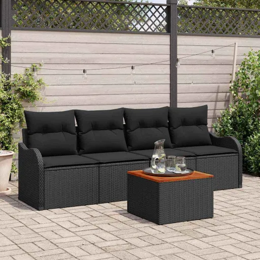 Conjunto de Sofá de Jardim   Preto Vime PE (5 pcs)