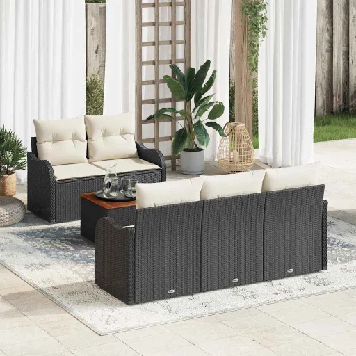 Conjunto de Sofá de Jardim   Preto e Creme Vime PE (6 pcs)