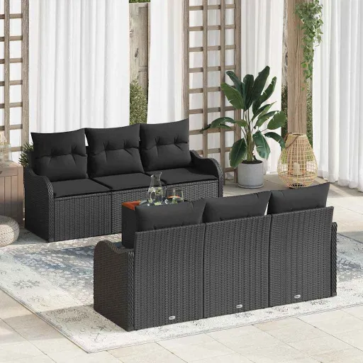 Conjunto de Sofá de Jardim   Preto Vime PE (7 pcs)