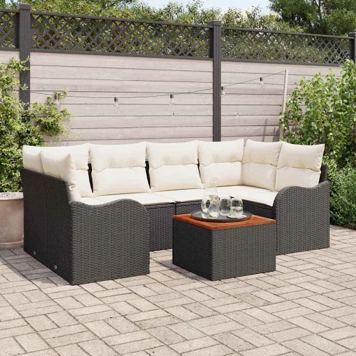 Conjunto de Sofá de Jardim   Preto e Creme Vime PE (7 pcs)