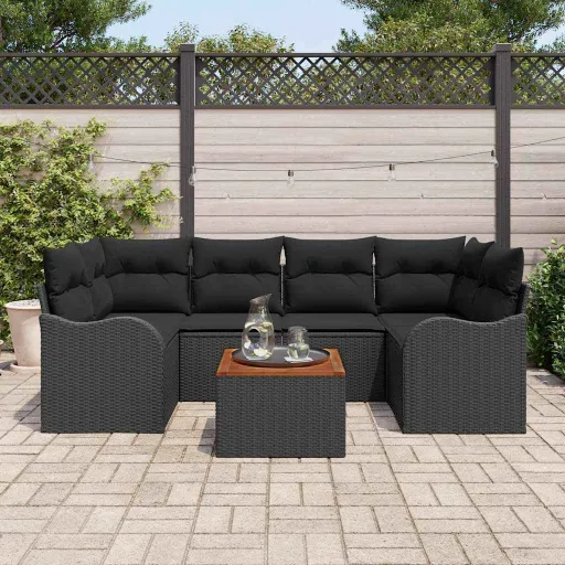 Conjunto de Sofá de Jardim   Preto Vime PE (7 pcs)