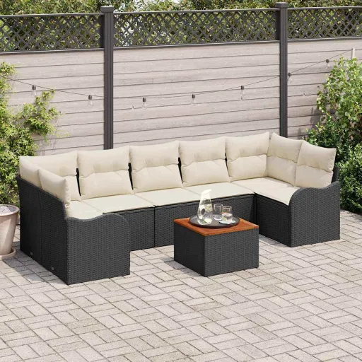 Conjunto de Sofá de Jardim   Preto e Creme Vime PE (8 pcs)