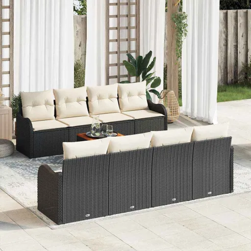 Conjunto de Sofá de Jardim   Preto e Creme Vime PE (9 pcs)