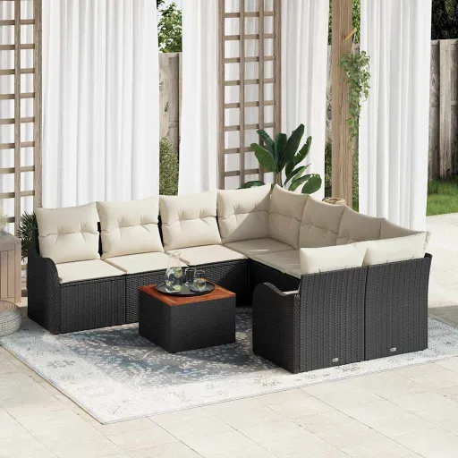Conjunto de Sofá de Jardim   Preto e Creme Vime PE (9 pcs)
