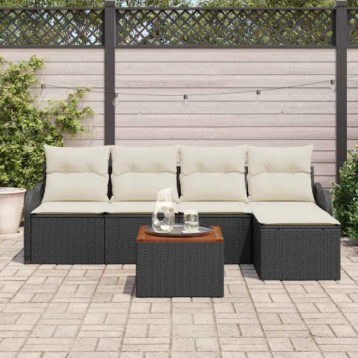 Conjunto de Sofá de Jardim   Preto e Creme Vime PE (6 pcs)