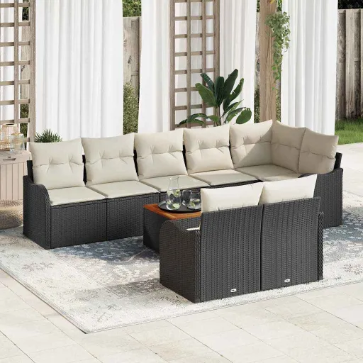 Conjunto de Sofá de Jardim   Preto e Creme Vime PE (9 pcs)