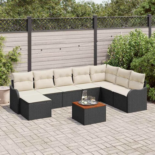 Conjunto de Sofá de Jardim   Preto e Creme Vime PE (9 pcs)