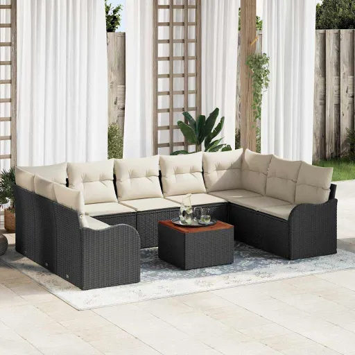Conjunto de Sofá de Jardim   Preto e Creme Vime PE (10 pcs)