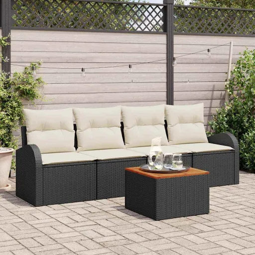 Conjunto de Sofá de Jardim   Preto e Creme Vime PE (5 pcs)