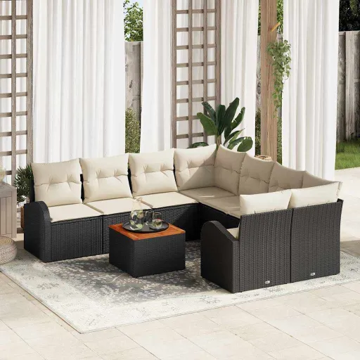Conjunto de Sofá de Jardim   Preto e Creme Vime PE (9 pcs)