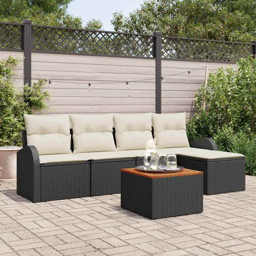 Conjunto de Sofá de Jardim   Preto e Creme Vime PE (6 pcs)