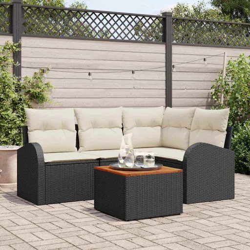 Conjunto de Sofá de Jardim   Preto e Creme Vime PE (5 pcs)