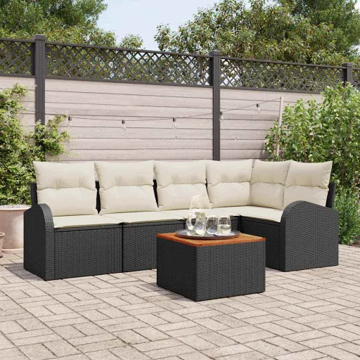 Conjunto de Sofá de Jardim   Preto e Creme Vime PE (6 pcs)
