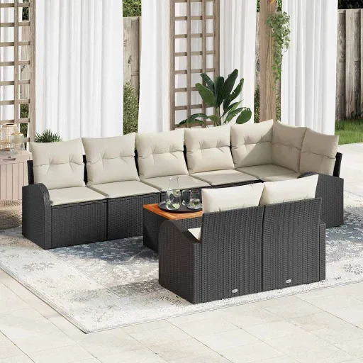 Conjunto de Sofá de Jardim   Preto e Creme Vime PE (9 pcs)