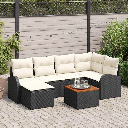 Conjunto de Sofá de Jardim   Preto e Creme Vime PE (7 pcs)