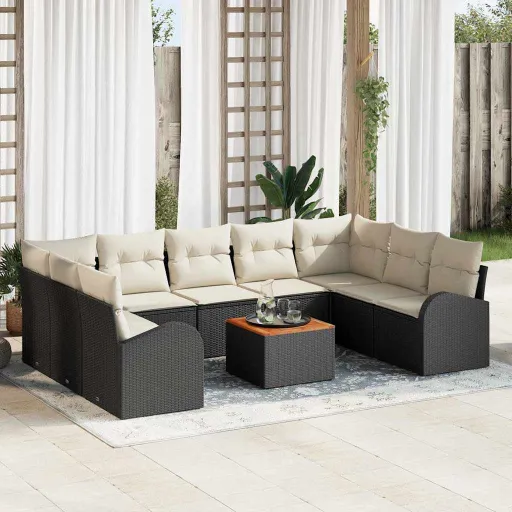Conjunto de Sofá de Jardim   Preto e Creme Vime PE (10 pcs)