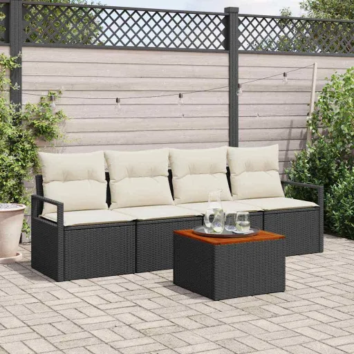 Conjunto de Sofá de Jardim   Preto e Creme Vime PE (5 pcs)