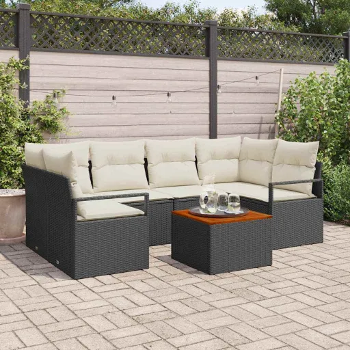 Conjunto de Sofá de Jardim   Preto e Creme Vime PE (7 pcs)