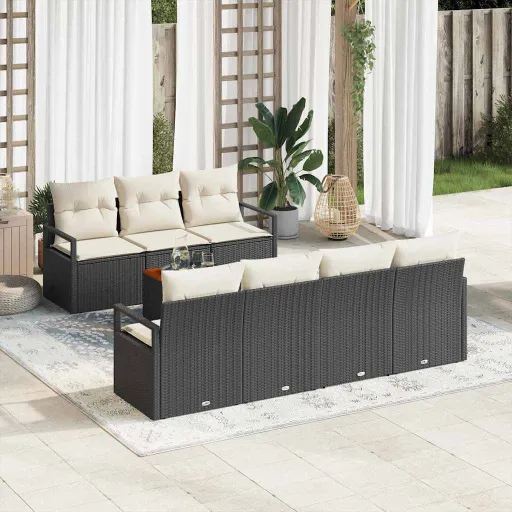 Conjunto de Sofá de Jardim   Preto e Creme Vime PE (8 pcs)