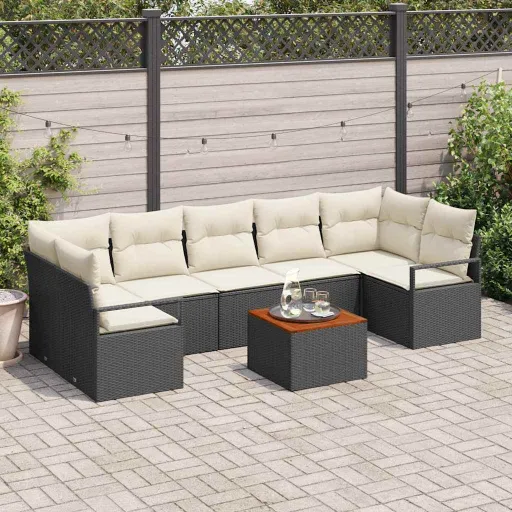 Conjunto de Sofá de Jardim   Preto e Creme Vime PE (8 pcs)