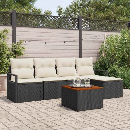 Conjunto de Sofá de Jardim   Preto e Creme Vime PE (6 pcs)