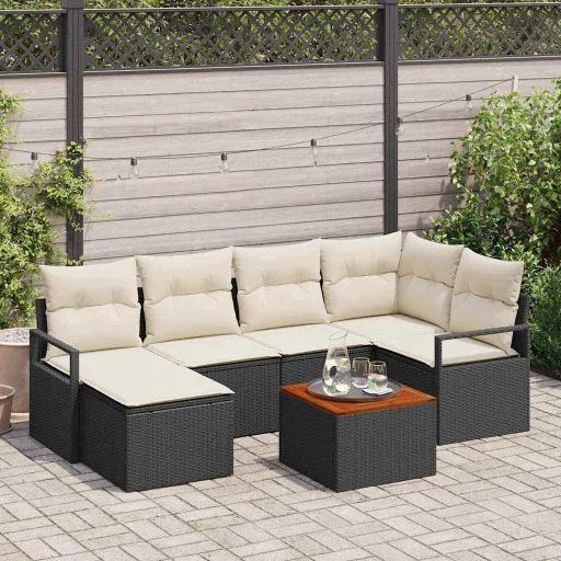 Conjunto de Sofá de Jardim   Preto e Creme Vime PE (7 pcs)