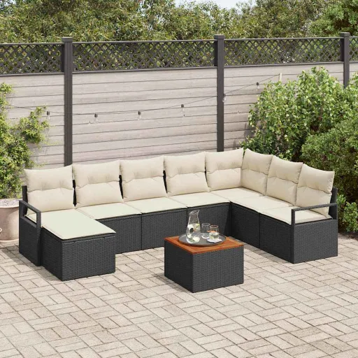 Conjunto de Sofá de Jardim   Preto e Creme Vime PE (9 pcs)