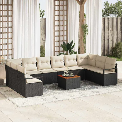 Conjunto de Sofá de Jardim   Preto e Creme Vime PE (11 pcs)