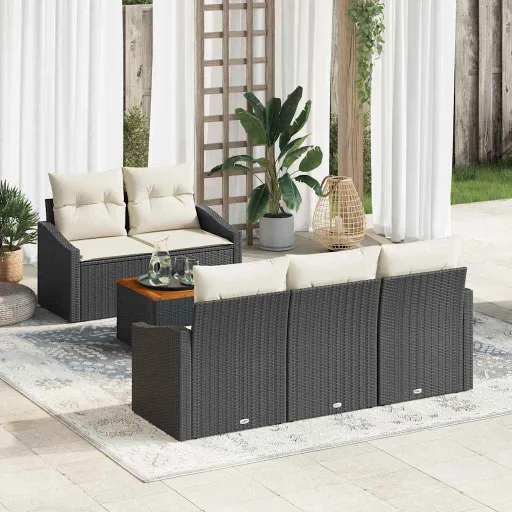 Conjunto de Sofá de Jardim   Preto e Creme Vime PE (6 pcs)